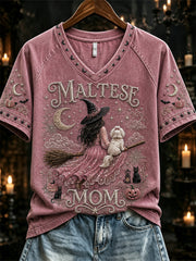 Women's Halloween Maltese Mom Pink Witch & Dog Print short-sleeved T-shirt