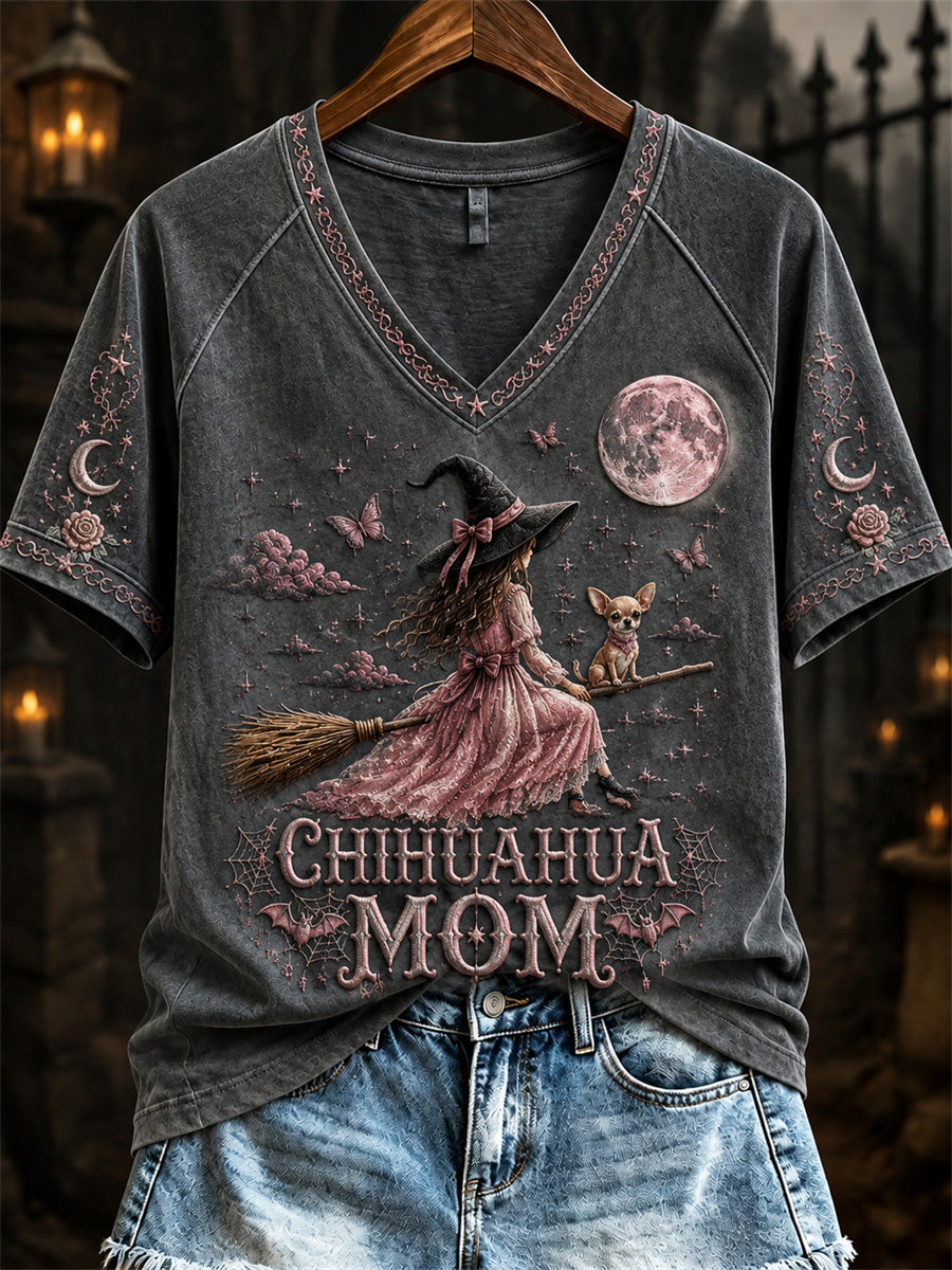 Women's Halloween Pink Witch Chihuahua Mom Print short-sleeved T-shirt
