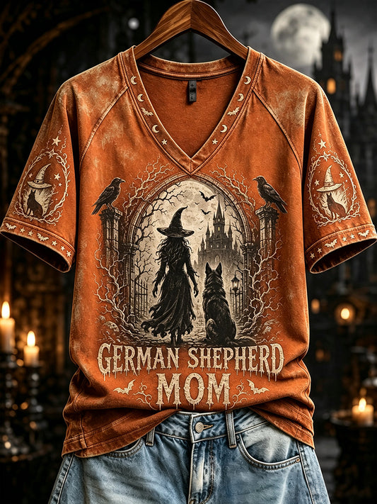 Women's Halloween German Shepherd Mom Witch Print V-neck Short-sleeved T-shirt