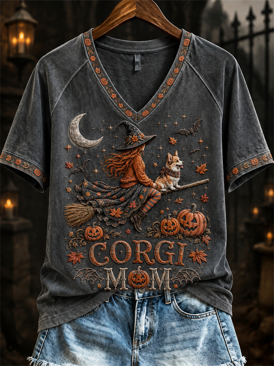 Women's Halloween Fall Corgi Mom Witch & Dog Print short-sleeved T-shirt