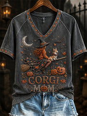 Women's Halloween Fall Corgi Mom Witch & Dog Print short-sleeved T-shirt