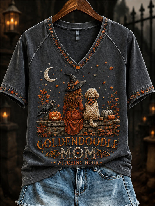 Women's Halloween Fall Golden Doodle Mom Witch & Dog Print short-sleeved T-shirt