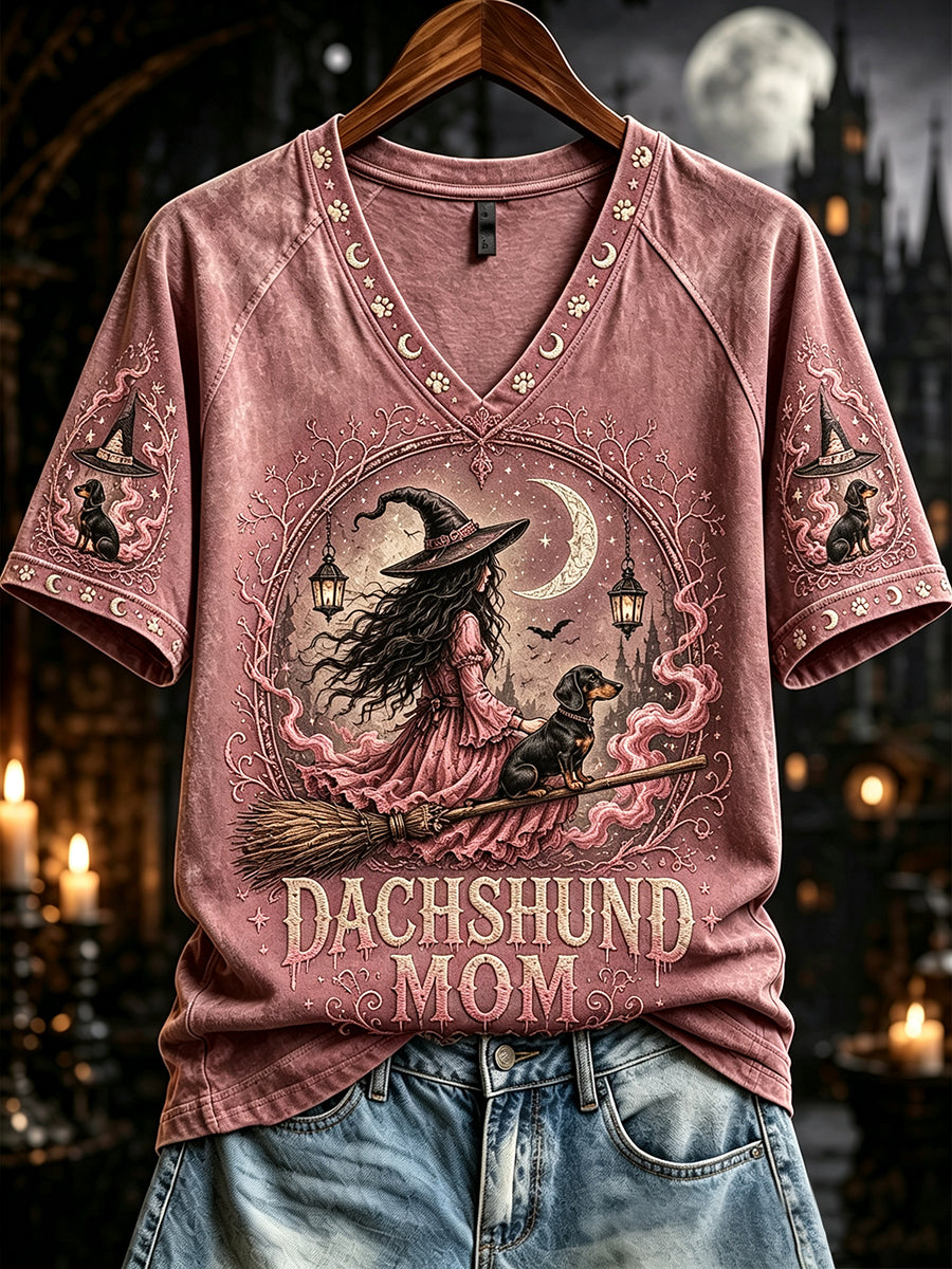 Women's Halloween Dachshund Mom Witch Print V-neck Short-sleeved T-shirt
