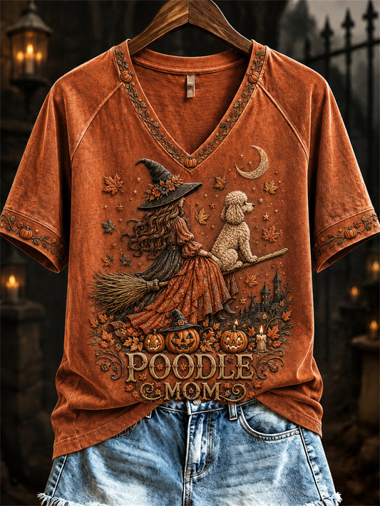 Women's Halloween Fall Poodle Mom Witch & Dog Print short-sleeved T-shirt