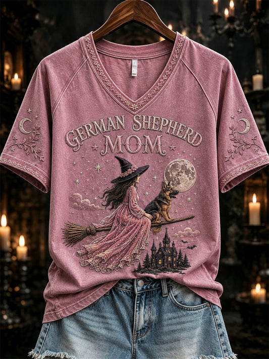 Women's Halloween German Shepherd Mom Pink Witch & Dog Print short-sleeved T-shirt