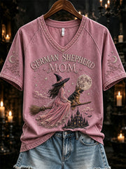 Women's Halloween German Shepherd Mom Pink Witch & Dog Print short-sleeved T-shirt