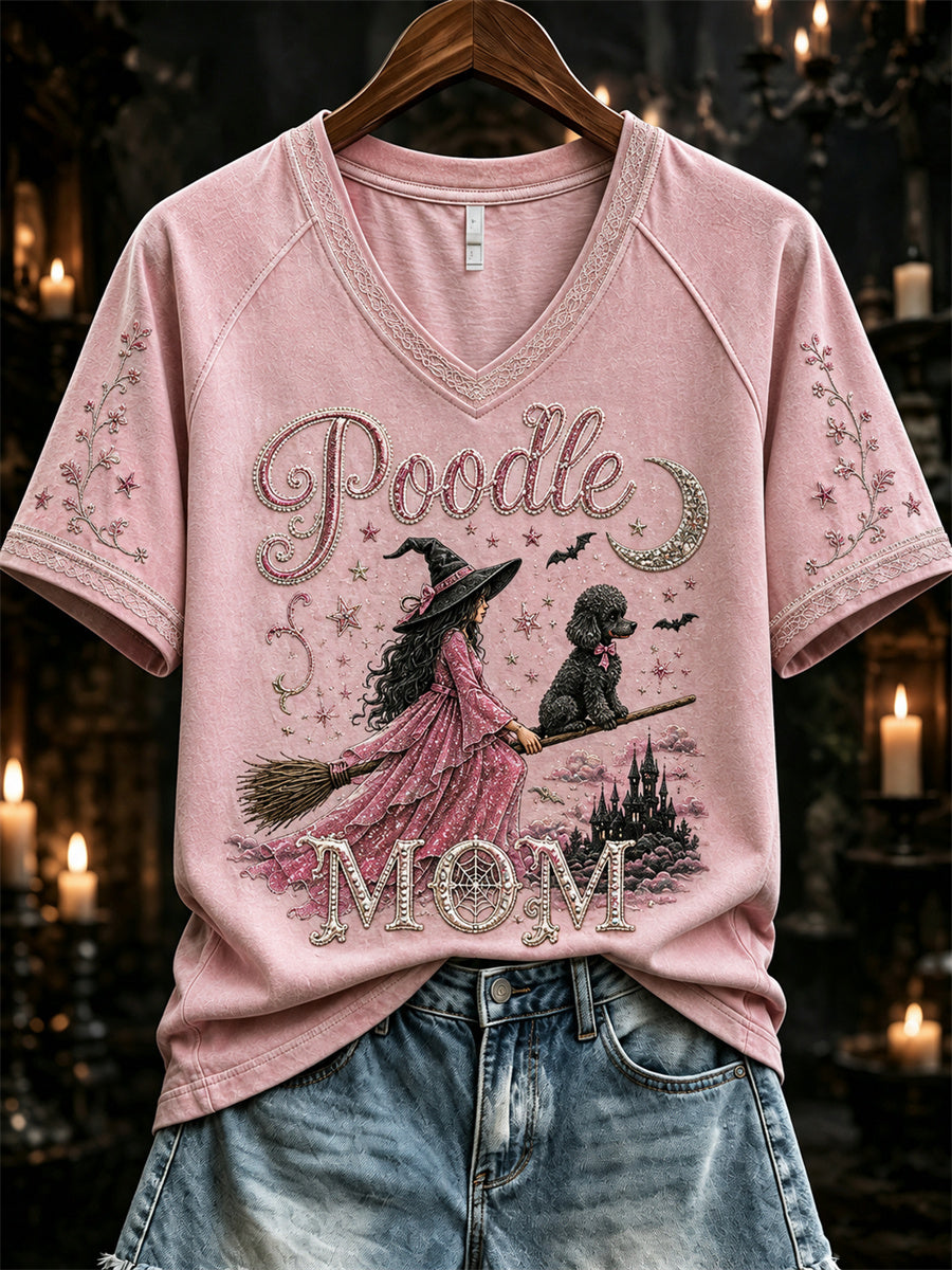 Women's Halloween Poodle Mom Pink Witch & Dog Print short-sleeved T-shirt