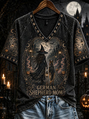Women's Halloween German Shepherd Mom Witch Print V-neck Short-sleeved T-shirt