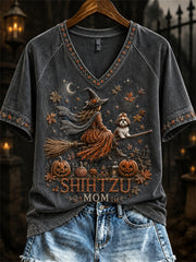 Women's Halloween Fall Shih Tzu Mom Witch & Dog Print short-sleeved T-shirt