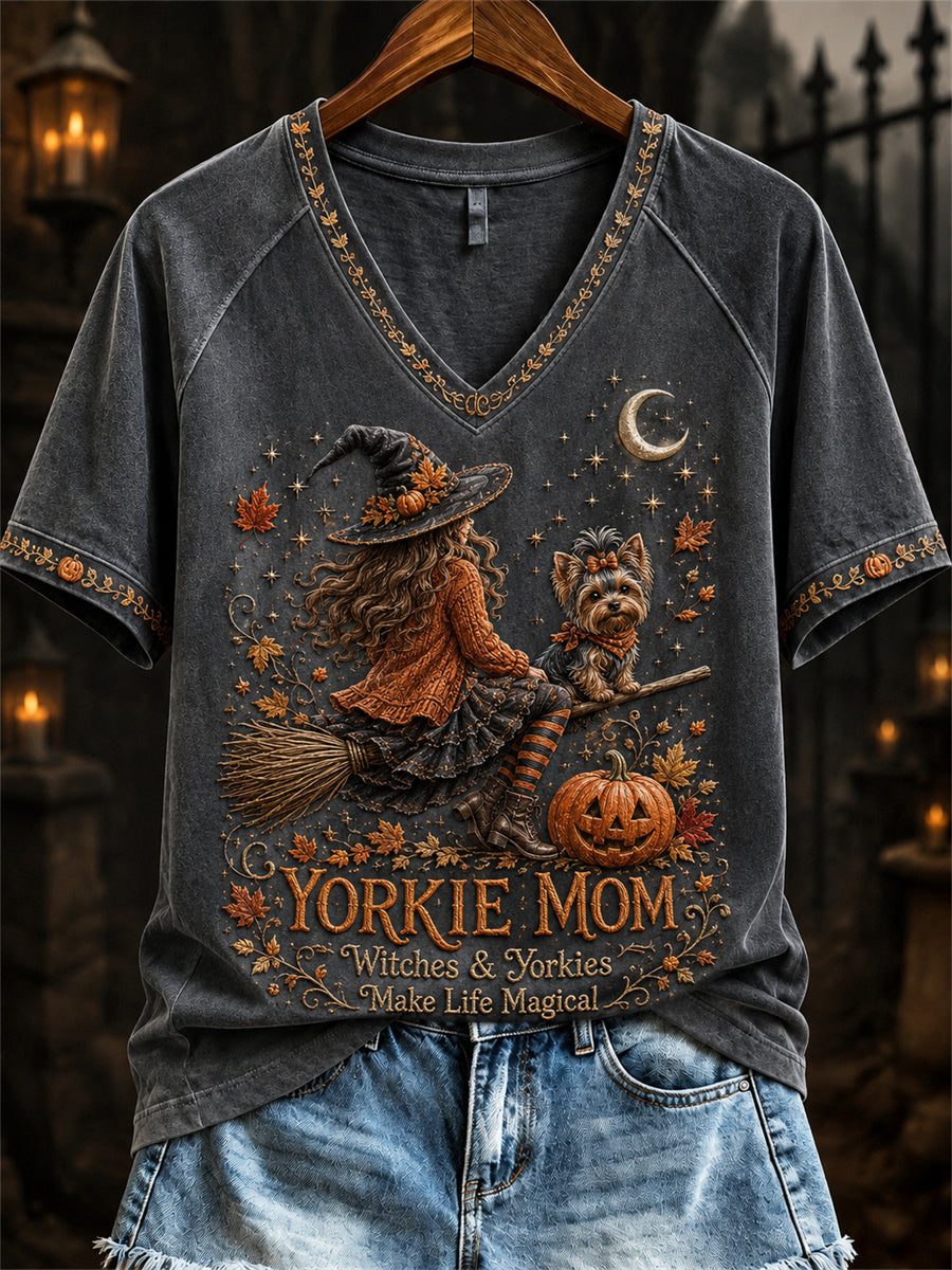 Women's Halloween Fall Yorkie Mom Witch & Dog Print short-sleeved T-shirt