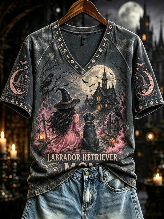 Women's Halloween Labrador Retriever Mom Witch Print V-neck Short-sleeved T-shirt