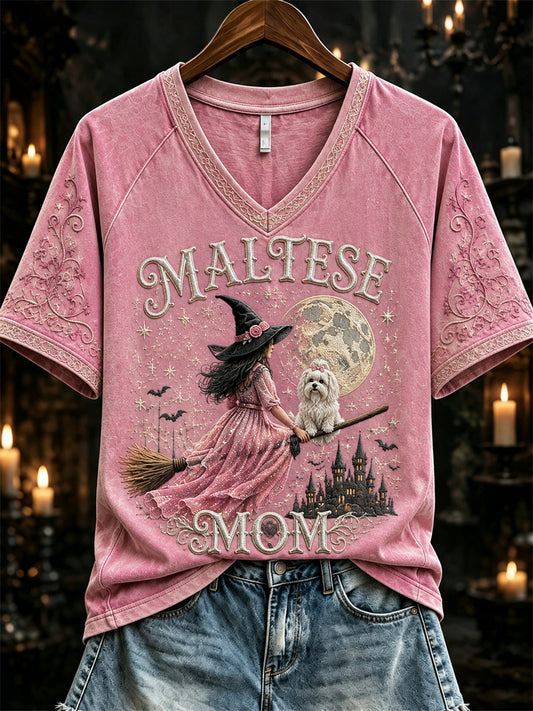 Women's Halloween Maltese Mom Pink Witch & Dog Print short-sleeved T-shirt