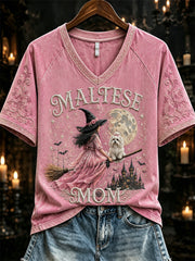 Women's Halloween Maltese Mom Pink Witch & Dog Print short-sleeved T-shirt