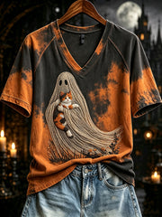 Women's A Ghost Holding A Cat Print V-neck Short-sleeved T-shirt