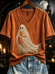 Women's A Ghost Holding A Cat Print V-neck Short-sleeved T-shirt