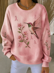Women's Hummingbird Art Print Ribbed Round-Neck Sweatshirt