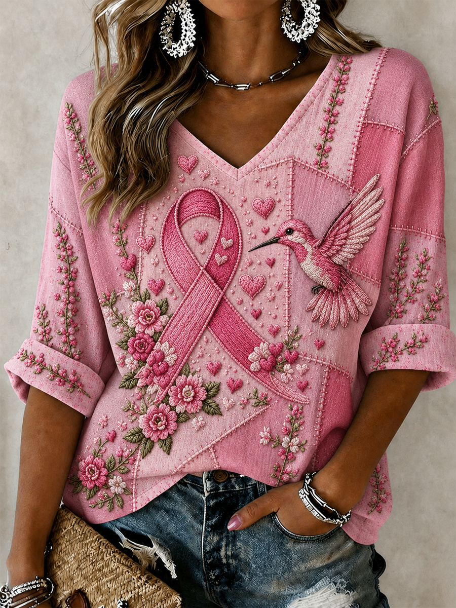 Women's Hummingbird Art Print Mid-length Sleeves V-Neck T-Shirt