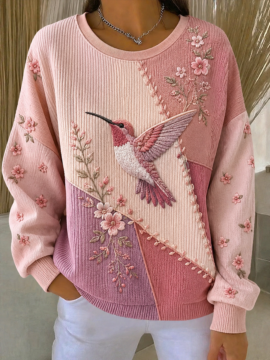 Women's Hummingbird Art Print Ribbed Round-Neck Sweatshirt