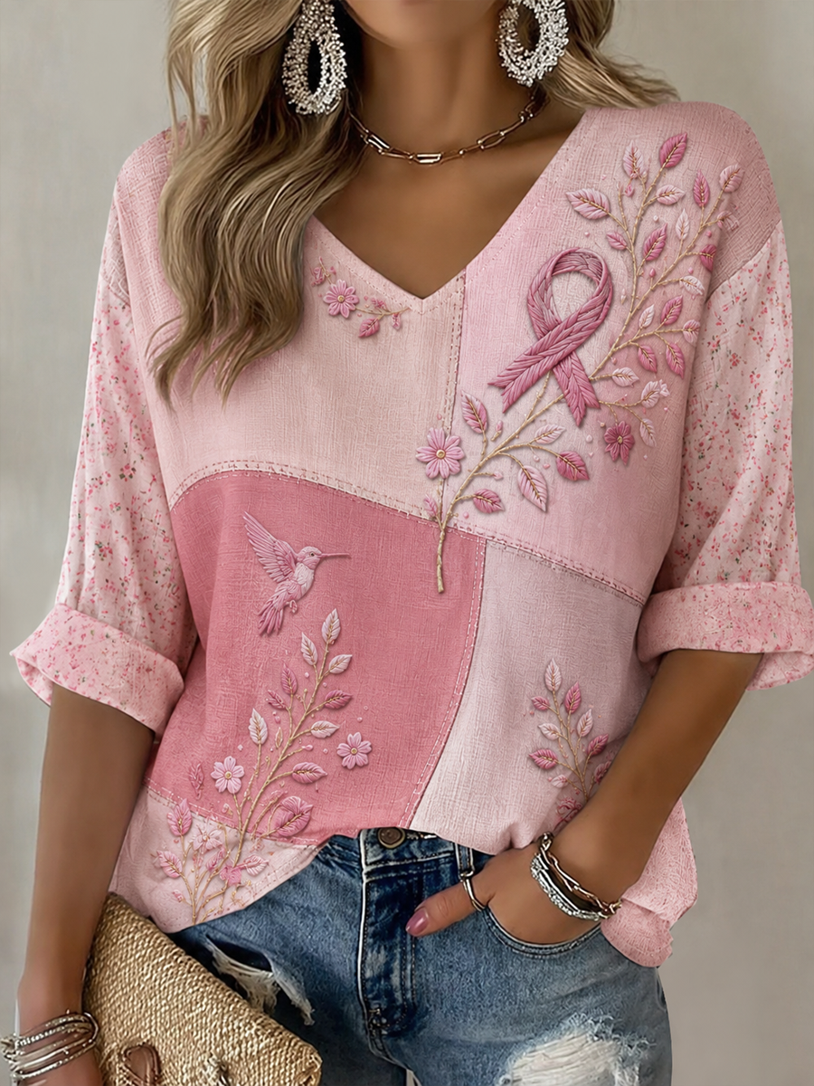 Women's Hummingbird Art Print Mid-length Sleeves V-Neck T-Shirt