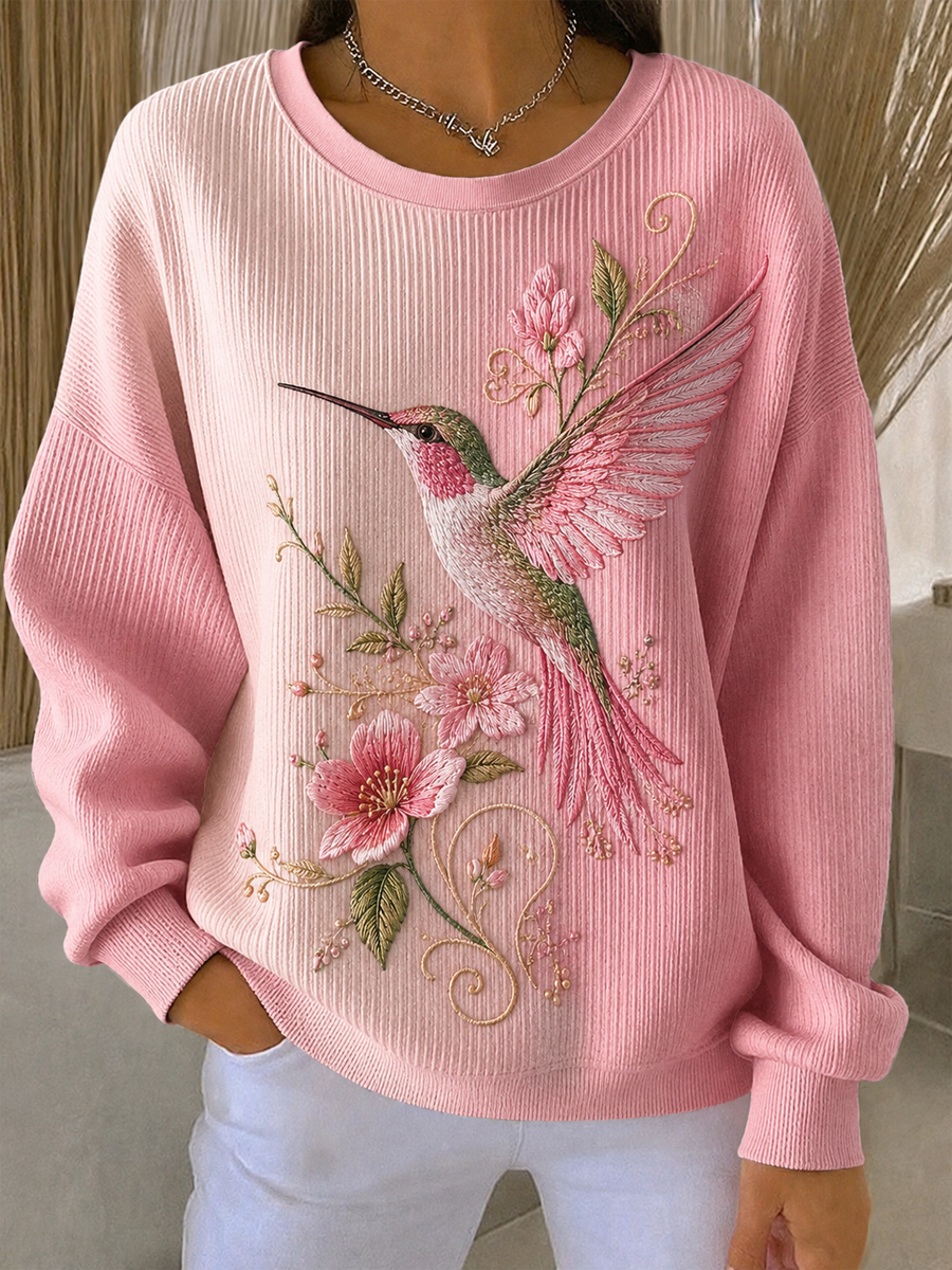 Women's Hummingbird Art Print Ribbed Round-Neck Sweatshirt