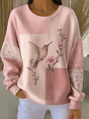Women's Hummingbird Art Print Ribbed Round-Neck Sweatshirt