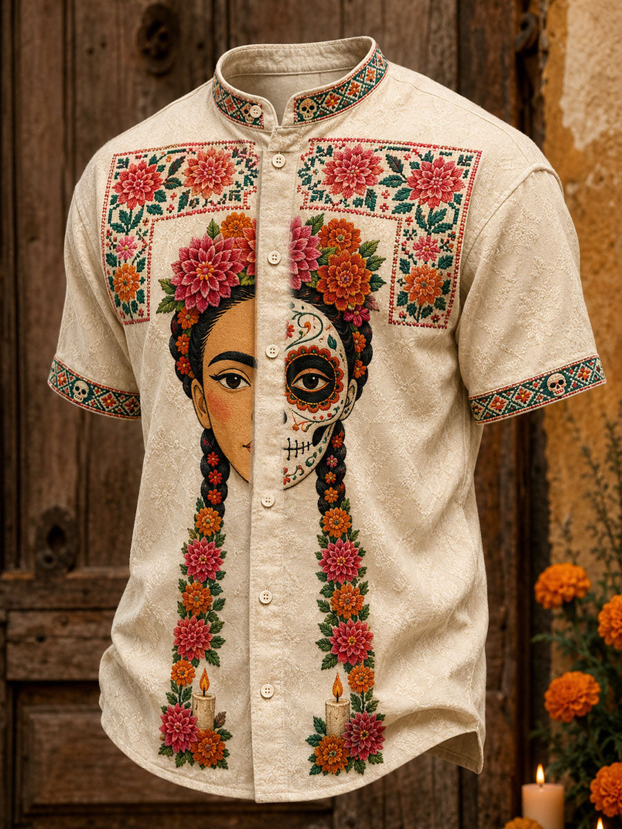 Men's Mexico Day of The Dead Floral Art Printed Shirt