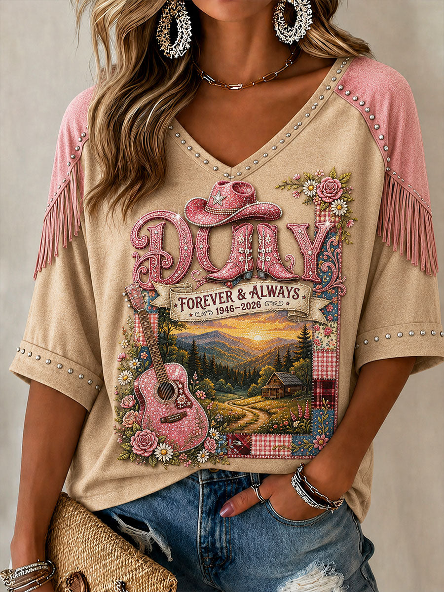 Women's Mid-length Sleeves V-Neck T-Shirt
