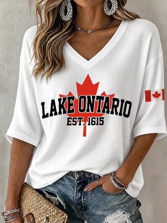 Women's Lake Ontario Casual Art Printed Waffle T-shirt