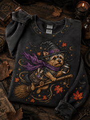 Women's Halloween Fall Flying Yorkshire Dog Witch Print Sweatshirt