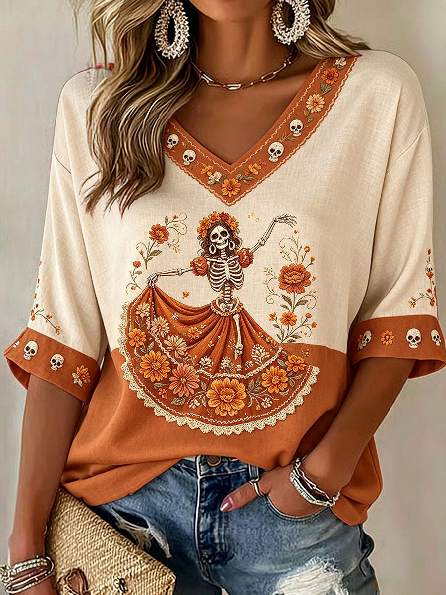 Women's Mexico Day of The Dead Floral Art Printed T-shirt