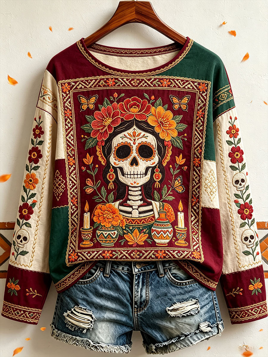 Women's Mexico Day of The Dead Floral Art Printed T-shirt