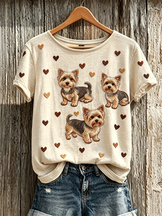 Women's Yorkshire Terrier Dogs & Hearts Pattern Print short-sleeved T-shirt
