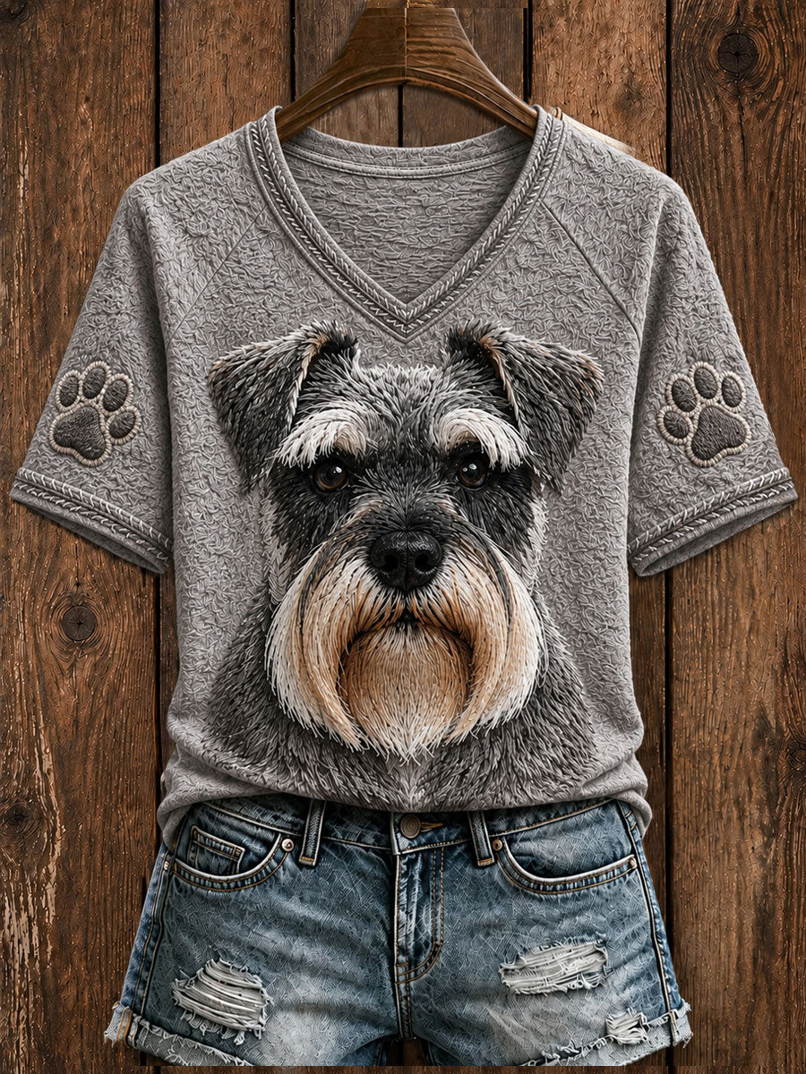 Women's Cute Miniature Schnauzer  Art V-neck Short Sleeve T-shirt