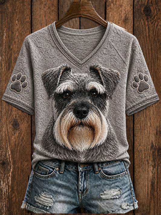Women's Cute Miniature Schnauzer  Art V-neck Short Sleeve T-shirt