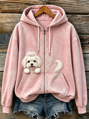 Women's Lovely Peeking Maltese & Paw Print Cozy Zip-Up Hoodie