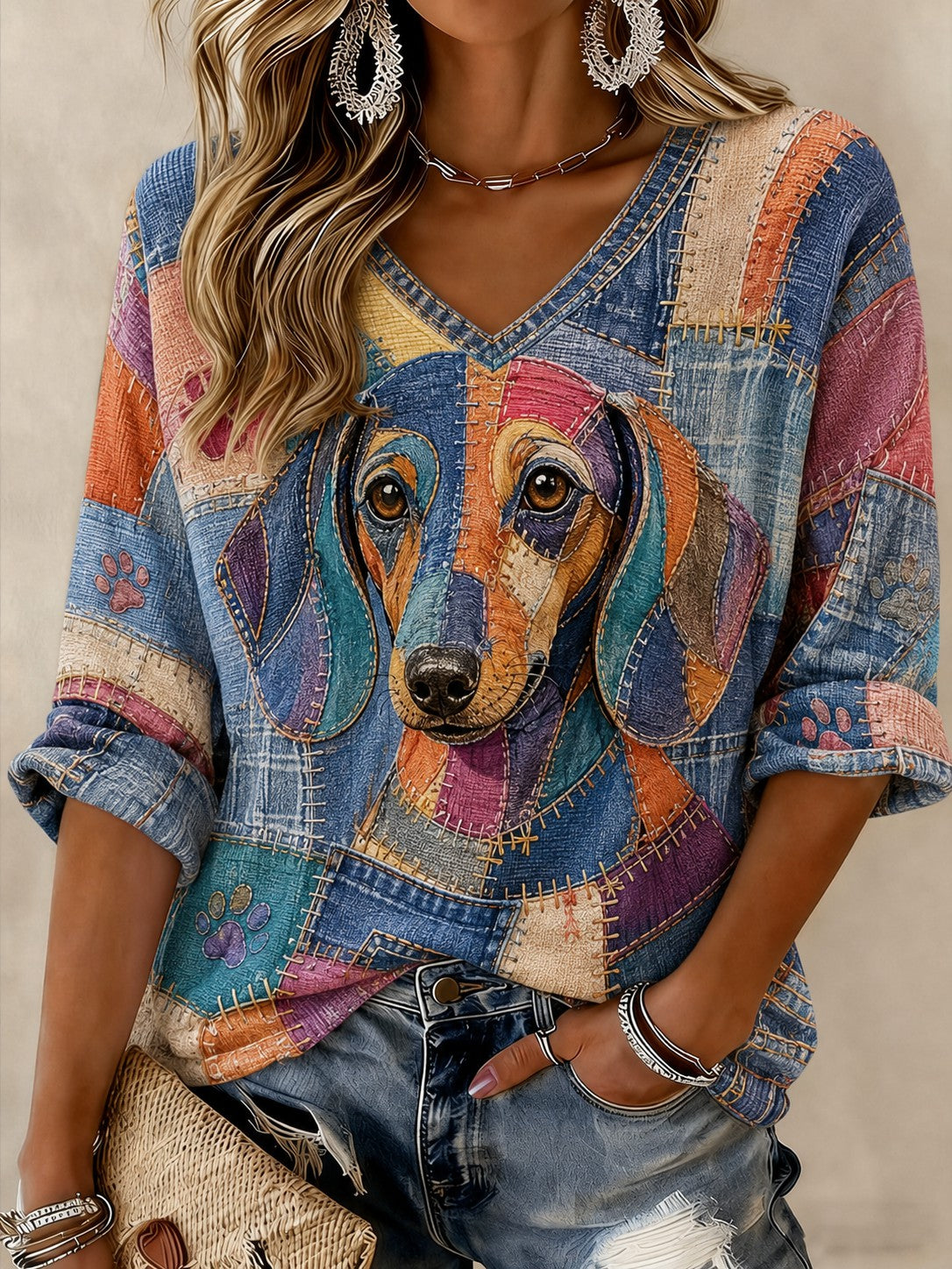 Women's Art Dog Printed Mid-length Sleeves V-Neck T-Shirt