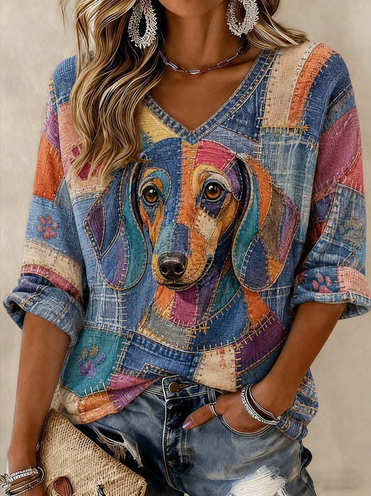 Women's Art Dog Printed Mid-length Sleeves V-Neck T-Shirt