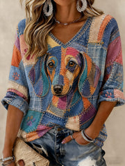 Women's Art Dog Printed Mid-length Sleeves V-Neck T-Shirt