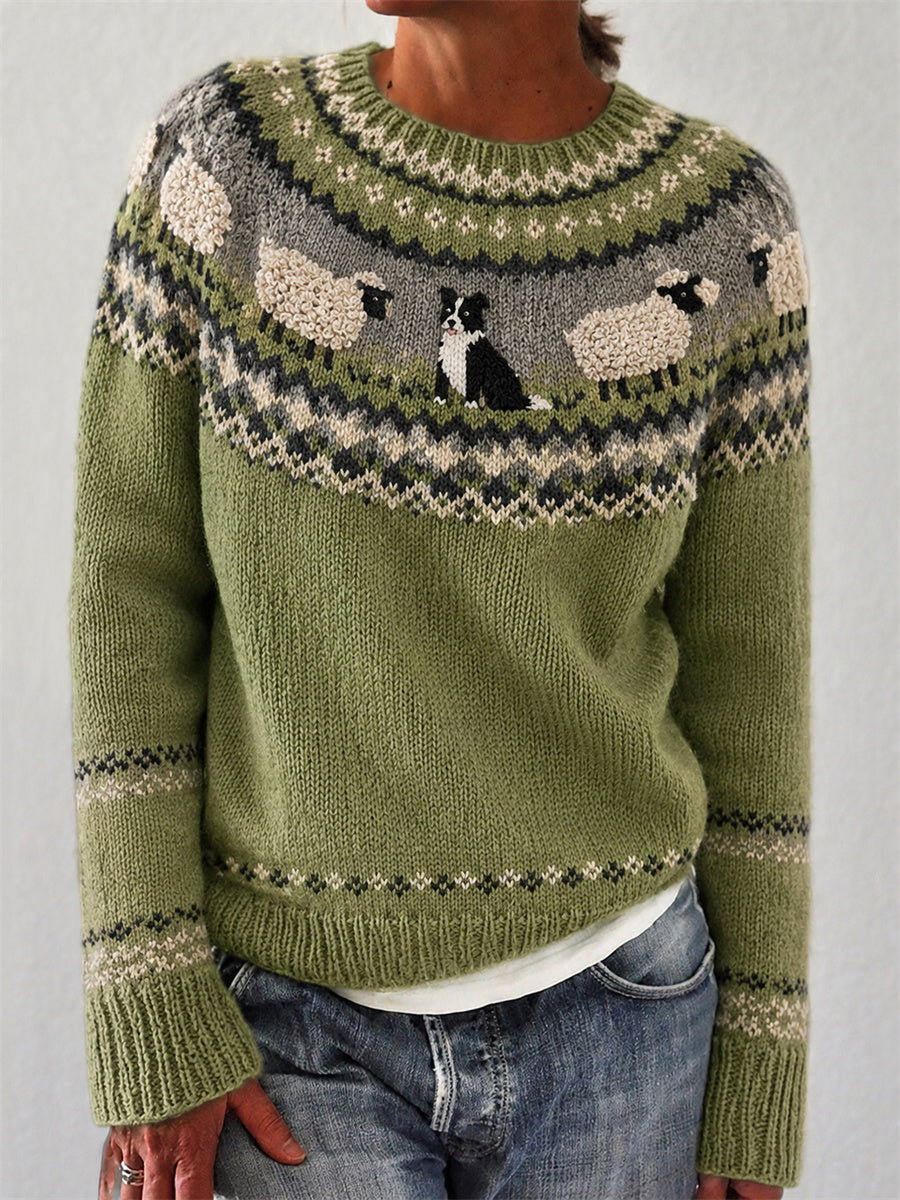 Women's Vintage Farm Border Collie & Sheep Yoke Isle Print crew neck sweater