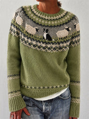 Women's Vintage Farm Border Collie & Sheep Yoke Isle Print crew neck sweater