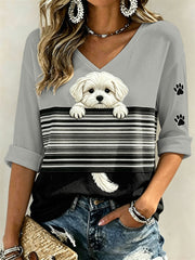 Women's Peeking Maltese Dog & Paw Prints Colorblock Print Mid-length Sleeves V-Neck T-Shirt