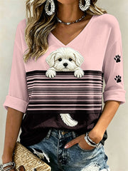 Women's Peeking Maltese Dog & Paw Prints Colorblock Print Mid-length Sleeves V-Neck T-Shirt