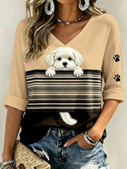 Women's Peeking Maltese Dog & Paw Prints Colorblock Print Mid-length Sleeves V-Neck T-Shirt
