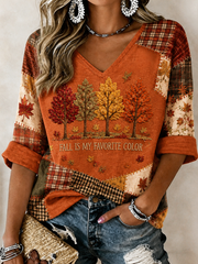 Women's Fall Is My Favorite Color Printed Mid-length Sleeves V-Neck T-Shirt