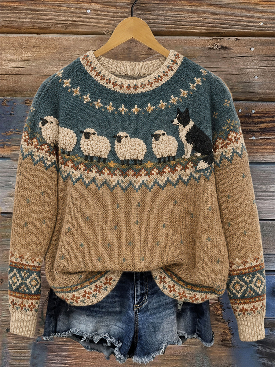 Women's Border Collie & Sheep Yoke Isle Print Cozy crew neck sweater