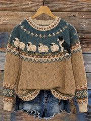 Women's Border Collie & Sheep Yoke Isle Print Cozy crew neck sweater