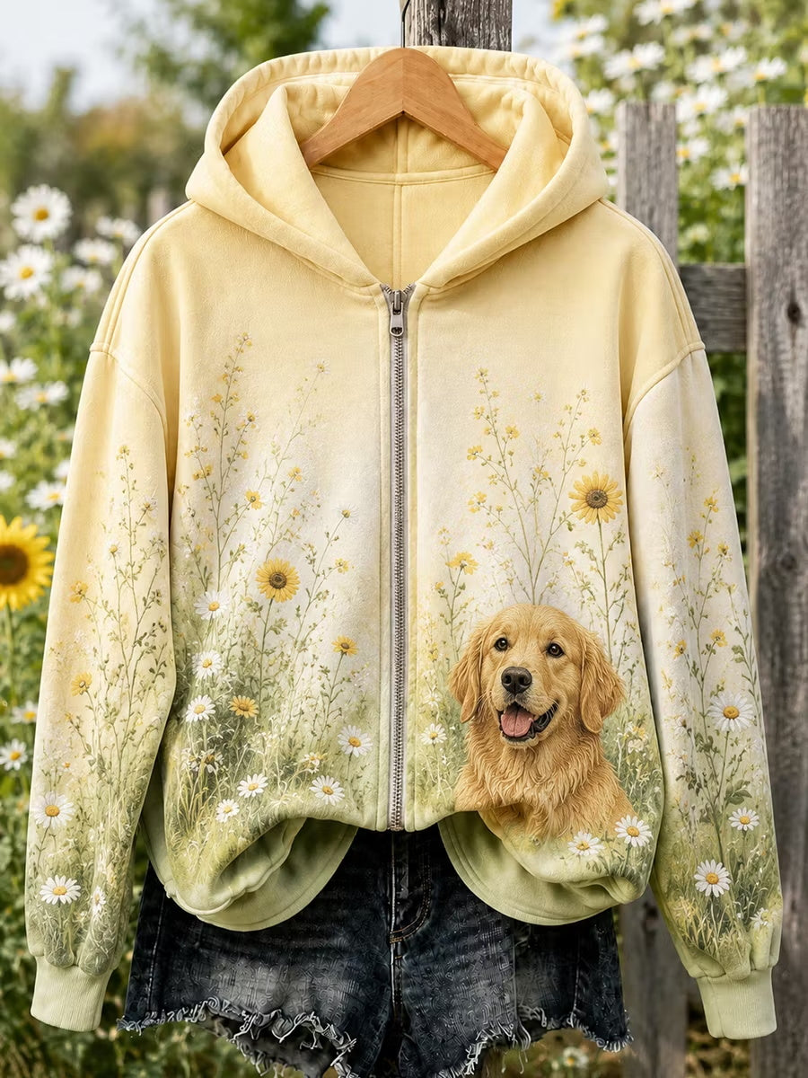 Women's Floral Dog Zip-Up Hoodie