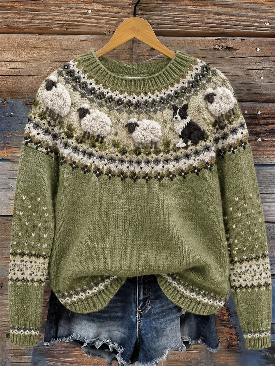 Women's Border Collie & Sheep Yoke Isle Print Cozy crew neck sweater