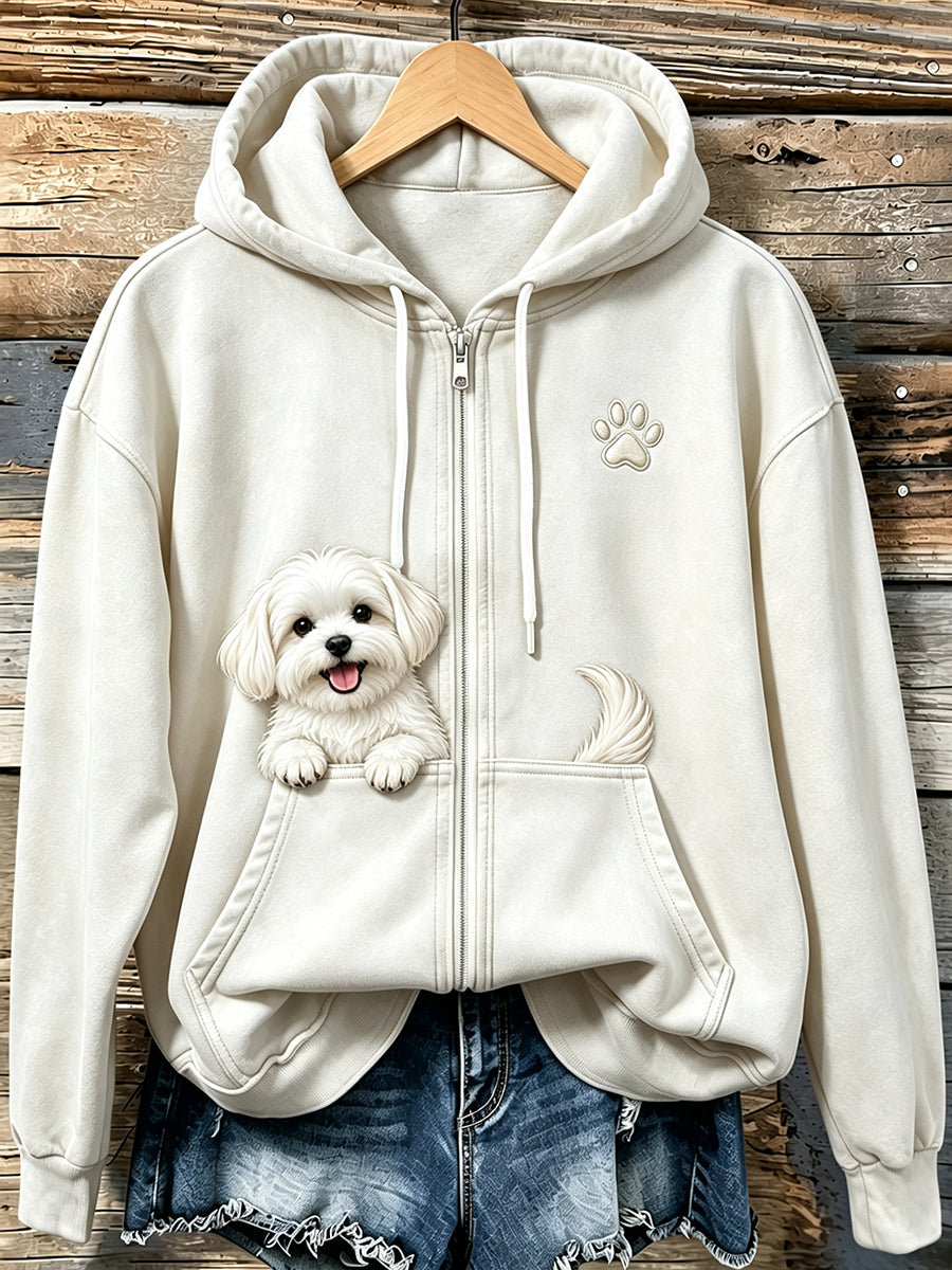 Women's Lovely Peeking Maltese & Paw Print Vintage Zip-Up Hoodie