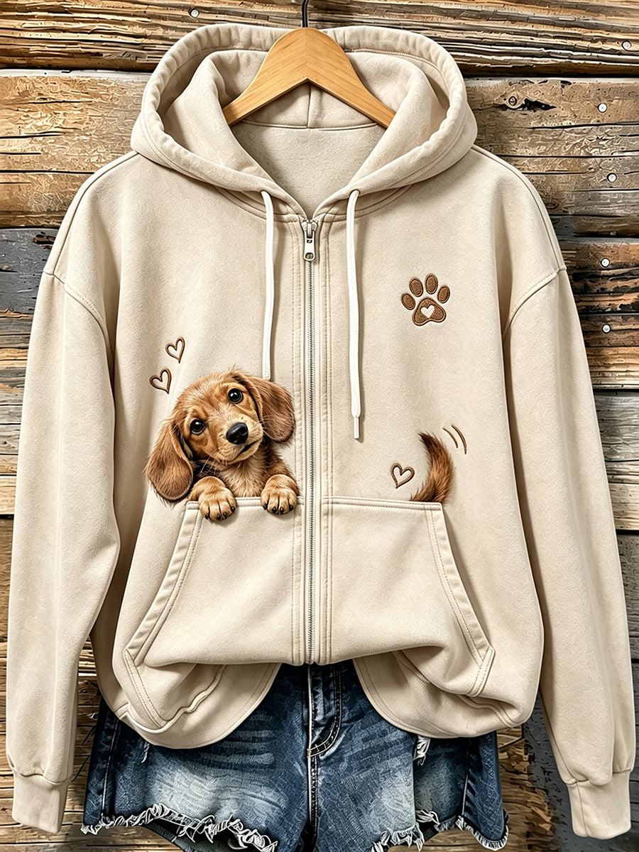 Women's Lovely Peeking Dachshund & Paw Print Vintage Zip-Up Hoodie